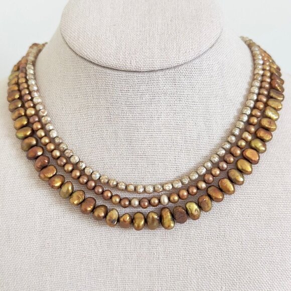 Vintage 14K Yellow Gold Triple Strand Genuine Brown Pearl Round Baroque Necklace - Picture 5 of 10